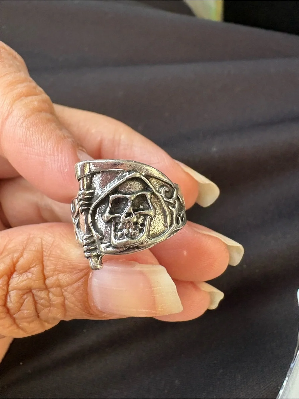 Men's Silver Skull & Scythe Statement Ring - Gothic Accessory